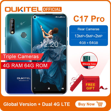 OUKITEL C17 Pro 6.35"19.5:9 Android 9.0 Mobile Phone MTK6763 Octa Core 4G RAM 64G ROM Dual 4G LTE Rear Triple Cameras Smartphone