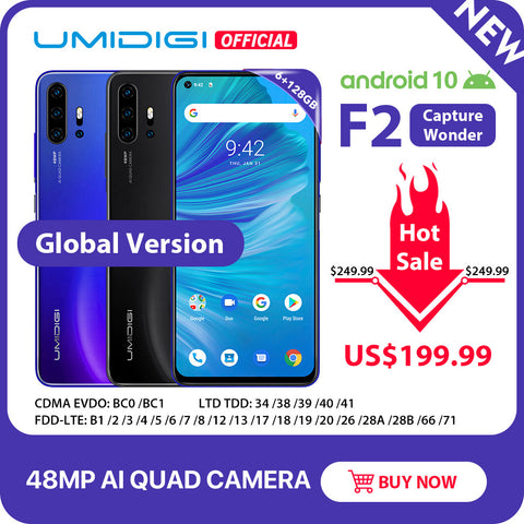 IN STOCK UMIDIGI F2 Android 10 Global Bands 6.53"FHD+6GB 128GB 48MP AI Quad Camera 32MP Selfie Helio P70 Smartphone 5150mAh NFC