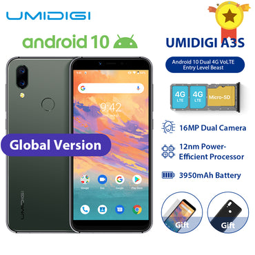 UMIDIGI A3S Smart Phone Android 10 Global Band 3950mAh 16MP+5MP MT6761 5.7" 2GB+16GB Smartphone 13MP Selfie Dual 4G Triple Slots