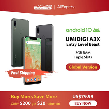UMIDIGI A3X Android 10 Global Version 3GB RAM 5.7" Smartphone Dual Rear Camera 13MP Selfie MT6761 Dual 4G Triple Slots 3300mAh