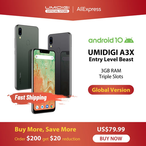 UMIDIGI A3X Android 10 Global Version 3GB RAM 5.7" Smartphone Dual Rear Camera 13MP Selfie MT6761 Dual 4G Triple Slots 3300mAh