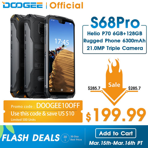 IP68 Waterproof DOOGEE S68 Pro Rugged Phone Helio P70 Octa Core 6GB 128GB Wireless Charge NFC 6300mAh 12V2A Charge 5.9 inch FHD+