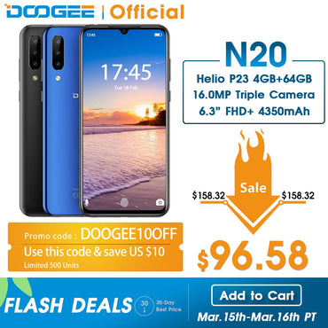 DOOGEE N20 Mobilephone Fingerprint 6.3inch FHD+ Display 16MP Triple Back Camera 64GB 4GB MT6763 Octa Core 4350mAh Cellphone LTE