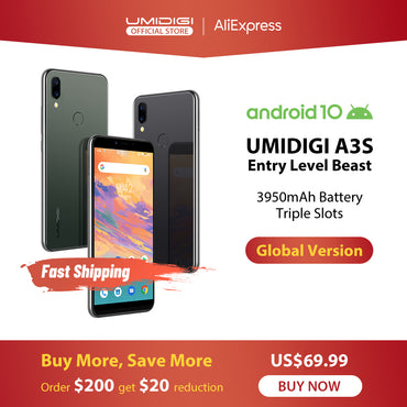 UMIDIGI A3S Android 10 Global Band 3950mAh Dual Rear Camera  5.7" Smartphone 13MP Selfie Triple Slots Dual 4G VoLTE Celular