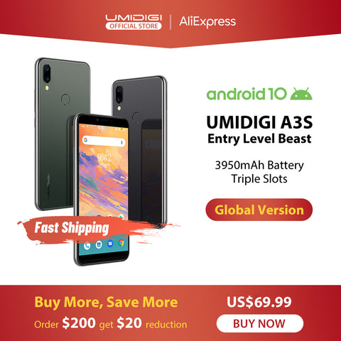 UMIDIGI A3S Android 10 Global Band 3950mAh Dual Rear Camera  5.7" Smartphone 13MP Selfie Triple Slots Dual 4G VoLTE Celular