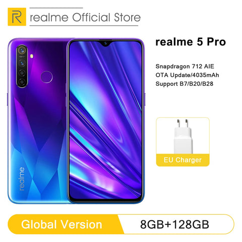 Versão global realme 5 pro 4 gb ram 128 gb telefone móvel snapdragon 712aie 48mp quad câmera smartphone 4035 mah carregador rápido
