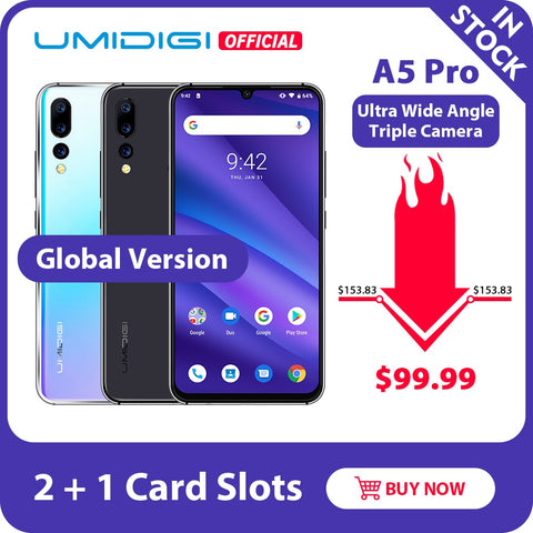 UMIDIGI A5 PRO Versión Global Android 9,0 Octa Core 6,3 'FHD + gota de agua 16MP Triple Cámara 4150mAh 4GB RAM 4G