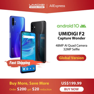 En STOCK UMIDIGI F2 Android 10 Global versión 6,53 "FHD + 6GB 128GB 48MP AI Quad Cámara 32MP Selfie Helio P70 teléfono móvil 5150mAh NFC